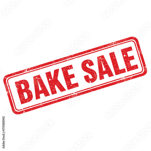 A distressed red rectangular stamp displaying the words bake sale clearly