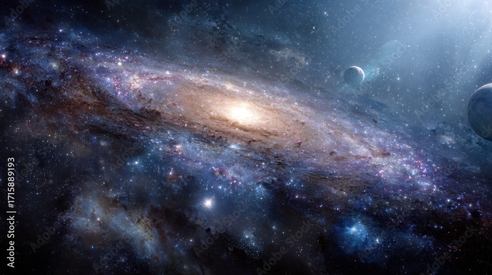 Obraz premium Majestic Spiral Galaxy with Brilliant Stars and Cosmic Dust in Deep Space, Showcasing Celestial Beauty and Mystery of the Universe