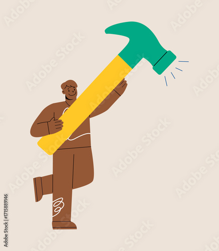 Man holding a big hammer. Colorful vector illustration