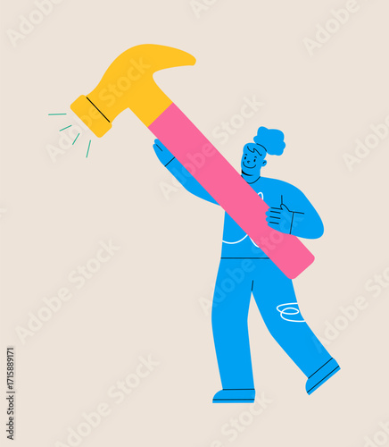 Woman holding a big hammer. Colorful vector illustration