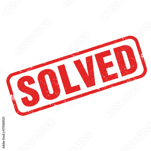 A vibrant red rubber stamp clearly displays the word solved on white