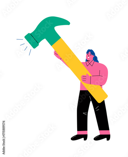 Business woman holding a big hammer. Business concept. Flat vector illustration isolated on white background