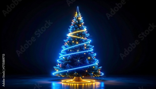 A vibrant Christmas tree, outlined in vibrant blue and gold neon lights, stands elegantly against a dark backdrop.