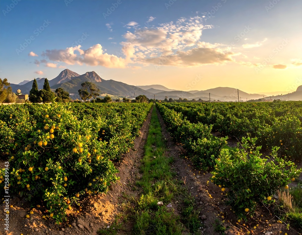 Naklejka premium A citrus orchard stretches out under a beautiful sunset sky, showcasing rows of vibrant citrus trees laden with ripe fruit.