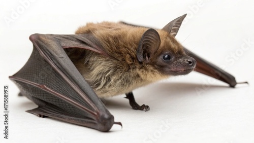 A highly detailed close-up of a Little Brown Bat with its wings partially spread, showing fine fur and delicate wing structure, perched on a clean white studio background, sharp focus, professional li