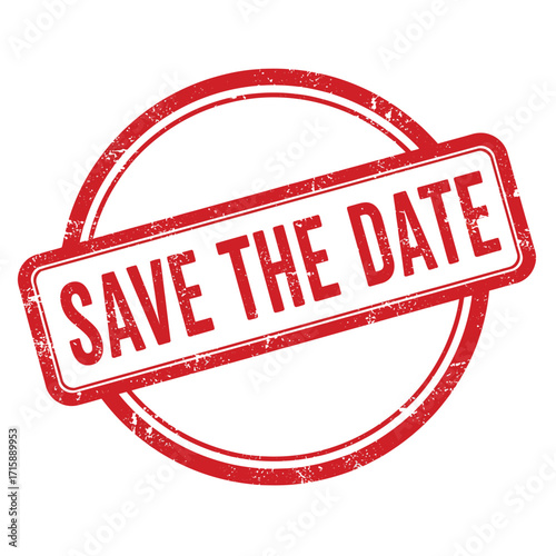 A weathered red stamp displaying the phrase save the date prominently