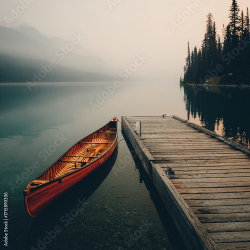 Serene lake with a red canoe and wooden dock in foggy landscape