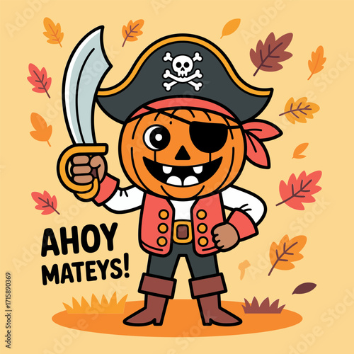 pirate pumpkin character, hat with skull emblem, cutlass sword raised, ahoy mates text, adventurous halloween cartoon vector