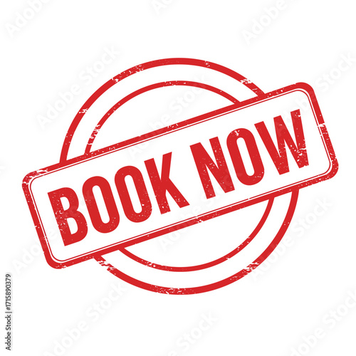 A red stamp with the words book now inside a circular frame