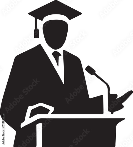 Graduation Speaker Silhouette Vector Illustration Presenting at Podium with Microphone on Transparent Backdrop