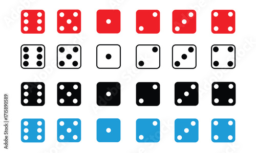 Grid of 25 colorful dice faces in red, white, black, and blue—each showing unique pip configurations for gaming or educational design
