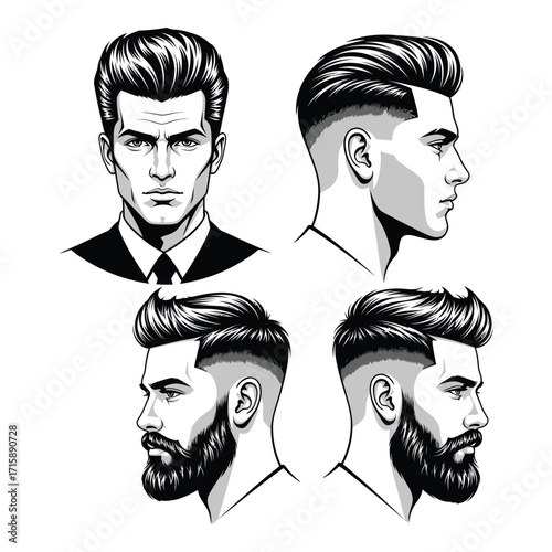 Stylish men's hairstyles and beard designs for modern grooming trends silhouette