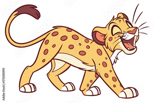 Joyful Cartoon Cheetah Walking with Spots on White Background