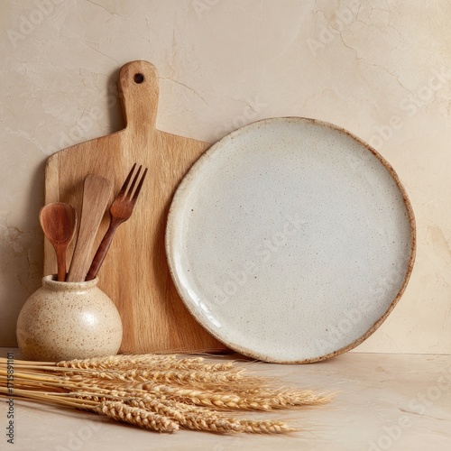 Beige kitchenware, wooden cutting board, plate, and wheat