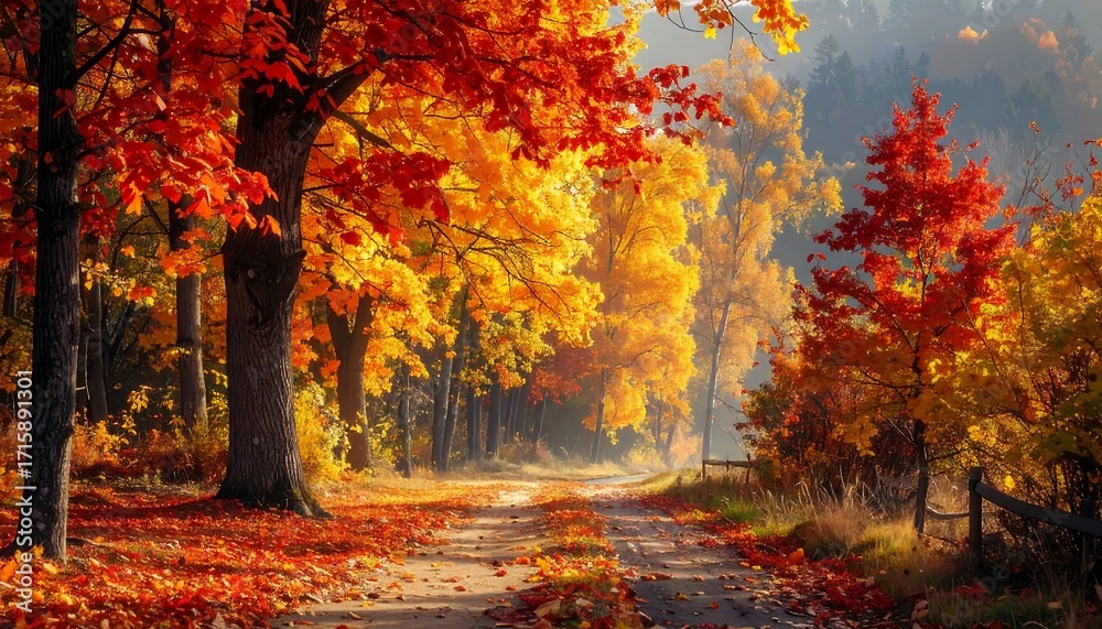 Naklejka premium A picturesque autumnal pathway lined with vibrant yellow and red trees, bathed in warm sunlight.