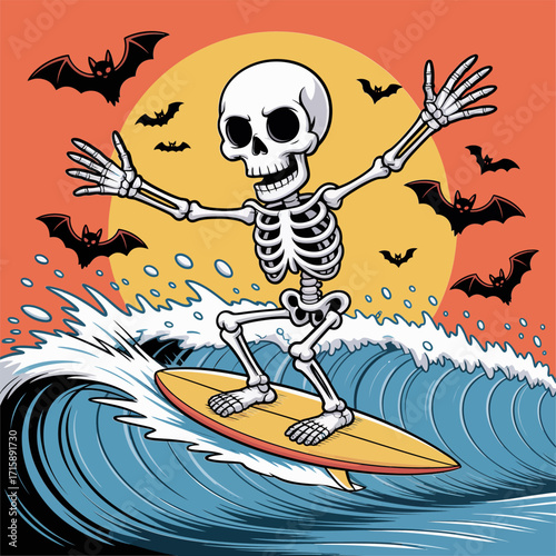 surfing skeleton character, riding ocean wave at sunset, bats flying, spooky beach vibes, fun halloween sports vector