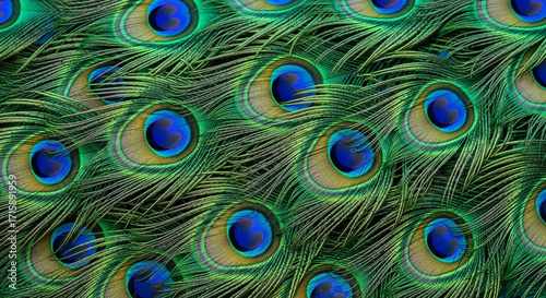 Close-up view of vibrant peacock feathers, showcasing intricate patterns and colors.
