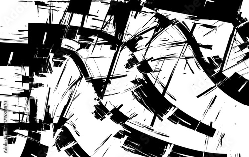 Creative abstract black and white grunge texture featuring chaotic brush strokes, geometric lines, and distressed shapes. Ideal for use in digital art, posters, album covers.