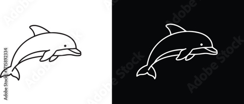 Simple and striking artistic illustrations of a playful dolphin in black and white