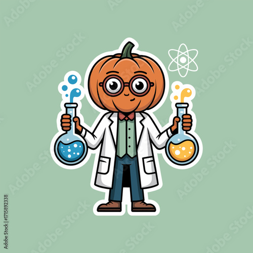 pumpkin head scientist, lab coat and goggles, holding chemistry flasks, cute halloween experiment theme, educational cartoon vector
