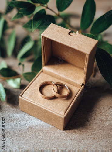 Two gold wedding bands nestled in a kraft paper box, surrounded by greenery