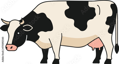 A charming cartoon illustration of a black and white cow standing in profile, showcasing its distinctive markings and udder