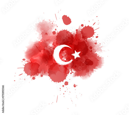 Turkey abstract watercolor grunge flag in grunge brushed shape with paint splashes. Holiday background with watercolor imitation Turkey flag. Template for holiday poster, invitation, etc. 