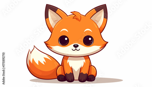 Adorable cartoon fox sitting on ground with big eyes and fluffy tail illustration
