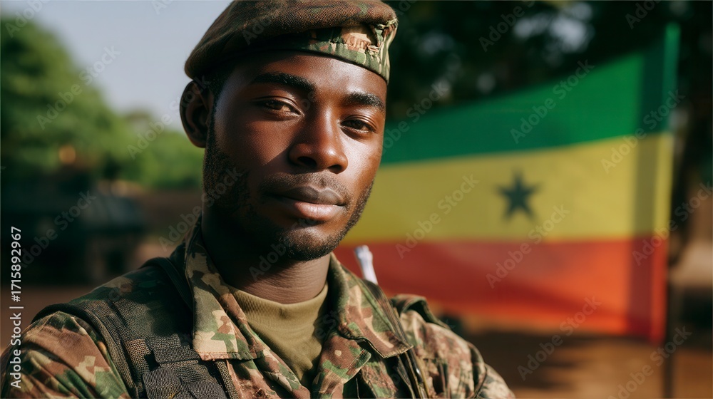 Fototapeta premium Confident African male soldier in military uniform standing outdoors with Senegalese flag background for patriotic defense service advertising banner