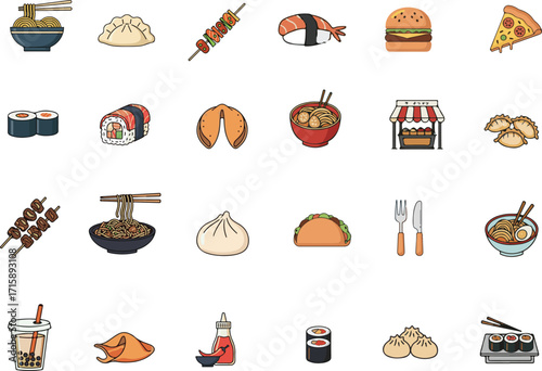 A vibrant and diverse collection of delicious Asian cuisine and fast food icons, perfect for menus, websites, and culinary designs