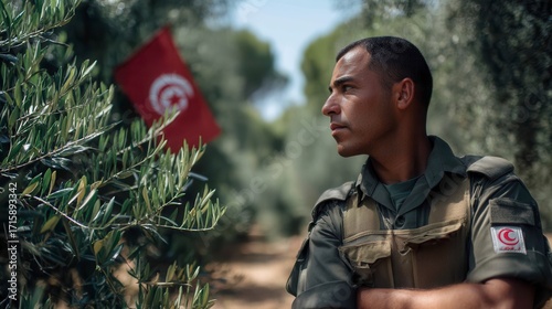 Thoughtful middle eastern male soldier in military uniform looking away outdoors with Tunisian flag and olive trees in natural countryside setting