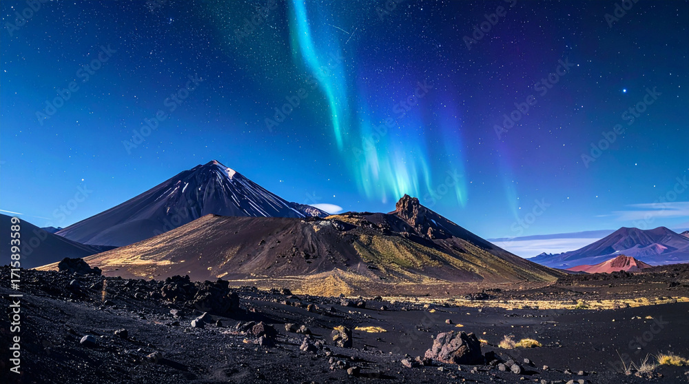 Fototapeta premium Astrophotography of Volcanic Peaks at Night with Aurora Borealis and Barren Terrain