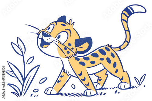 Playful Cartoon Cheetah Cub with Spots Standing on White Background