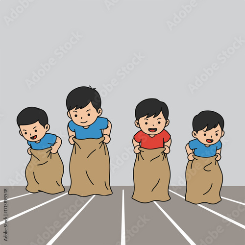 Children enjoying a fun sack race competition on a track, showcasing teamwork and friendly rivalry during outdoor activities and games