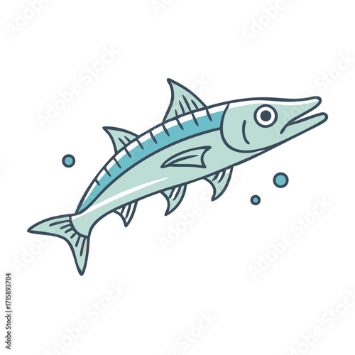 Stylized Cartoon Barracuda Swimming Through Ocean Water with Bubbles Around It