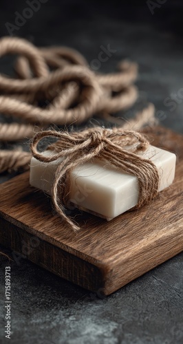 Two bars of cream-colored soap tied with natural twine rest on a wooden board