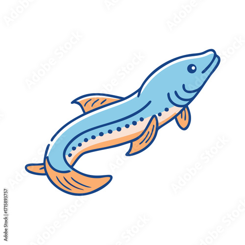 Illustration of a blue and orange lamprey swimming on a white background