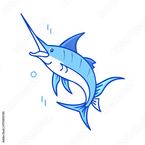 Cartoon Blue Marlin Underwater with Water Droplets and a Single Bubble