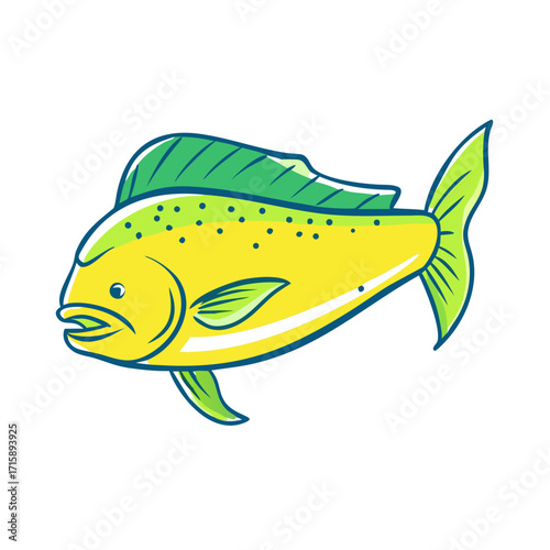 Illustration of a colorful mahimahi fish against a plain white backdrop