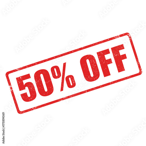 A red stamp displaying a fifty percent off discount offer