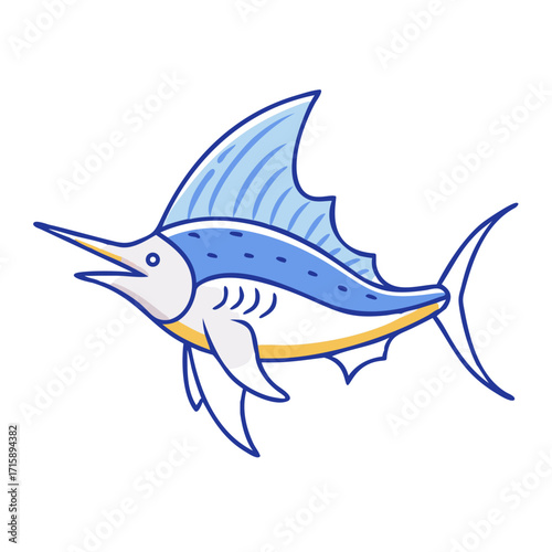 Cartoon Illustration of a Sleek Blue Marlin with a Large Dorsal Fin