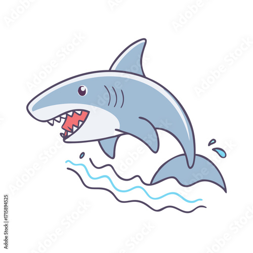 Cartoon Illustration of a Light Blue Shark Swimming Through Stylized Waves