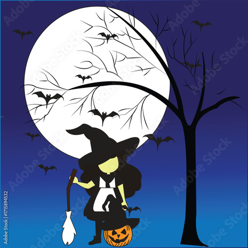 “Witch with Pumpkin Basket and Haunted Tree – Halloween Spooky Night”
