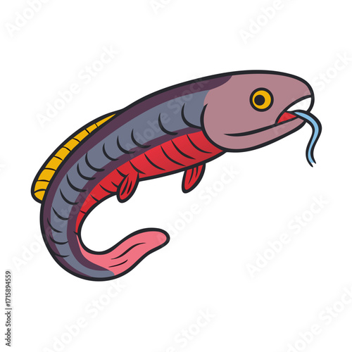 Stylized Cartoon Fish Illustration with Protruding Blue Tongue and Thick Outline