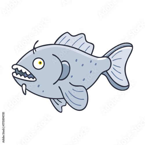 Illustration of a cartoon piranha with sharp teeth and wild expression