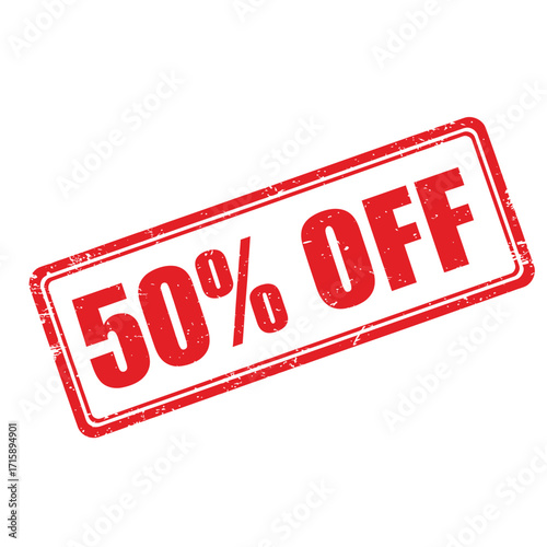 A red stamp displaying a fifty percent off discount offer