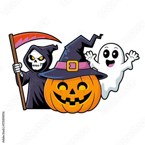 Grim reaper cartoon, large jack o lantern wearing witch hat, ghost companion, spooky cute Halloween vector illustration