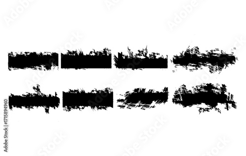 Set of black grunge brush strokes and banners isolated on a white background. The distressed, rough, and textured brush elements are ideal for creative graphic design, posters, digital art.