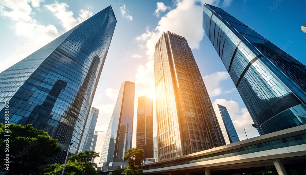 Naklejka premium Gleaming skyscrapers pierce a blue sky, bathed in sunlight. Modern architecture reflects the urban cityscape