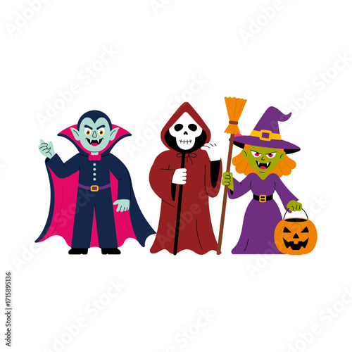 Halloween character trio, classic vampire, red hooded reaper, cute witch holding pumpkin, simple white background, playful cartoon vector